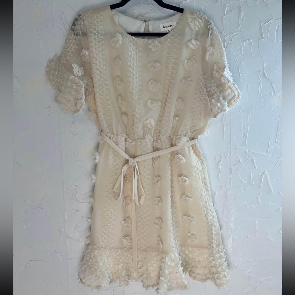 Cream Textured Dress with Belt